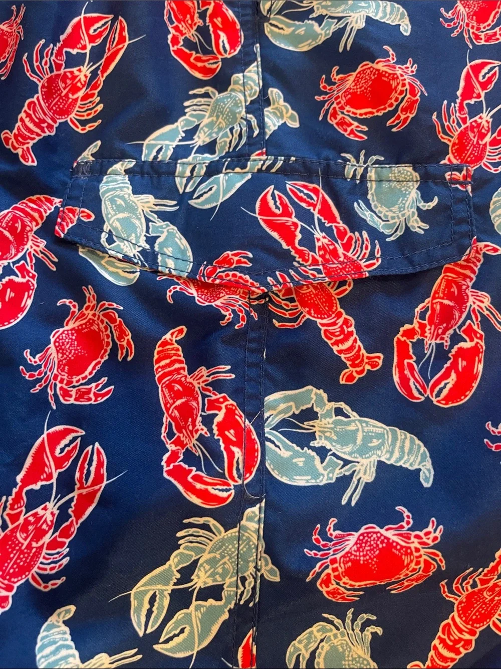 Newport Navy Swim Board Shorts with Red & Light Blue Lobster Print